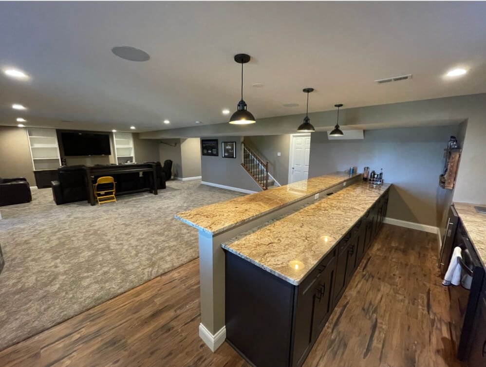 Custom basement remodel Pittsburgh entertainment space for the big game day, designed by a basement finishing specialist.